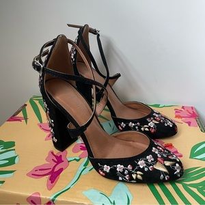 Black floral chunky heels